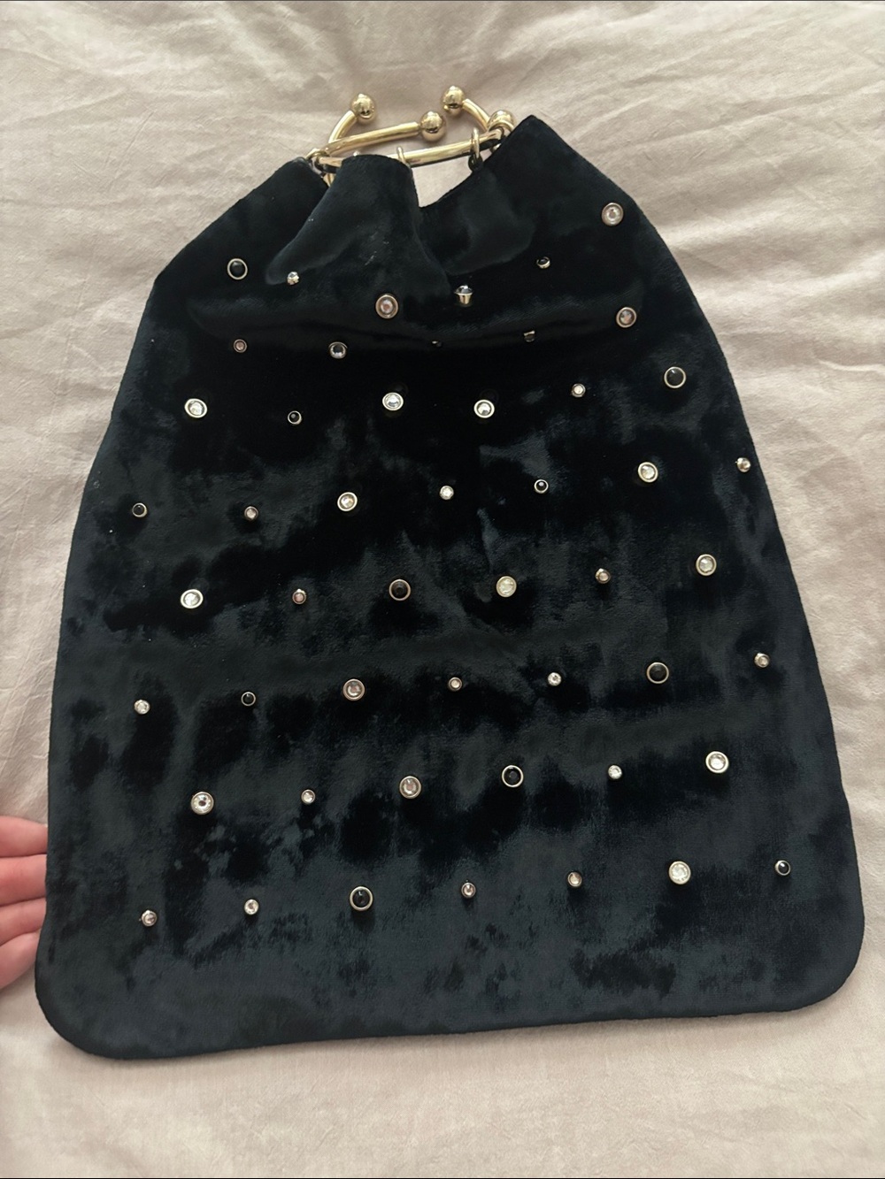 RED Valentino Black Velvet Studded Drawstring Wristlet with Gold-Tone Frame